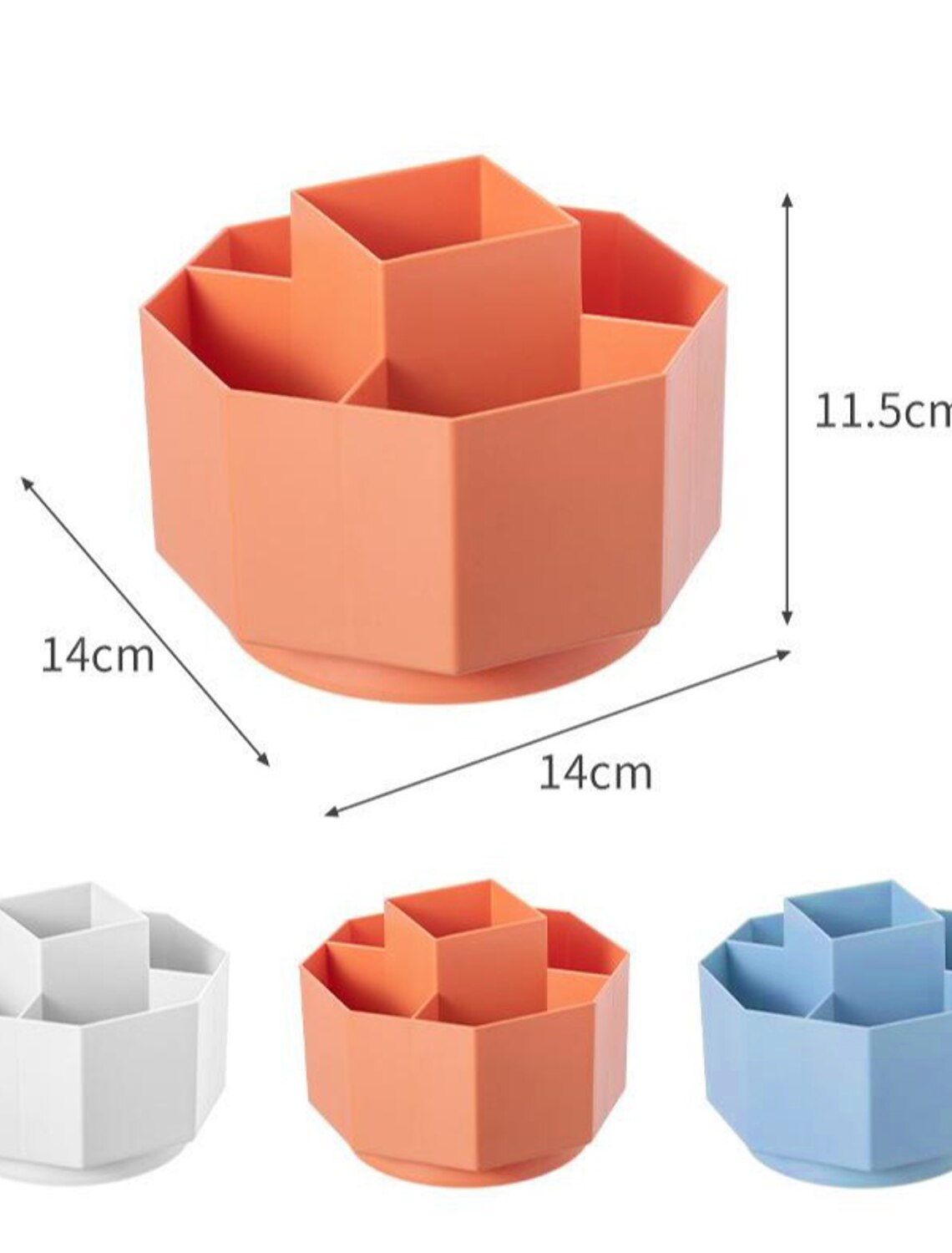 Close-up of compartments in a rotating desk organizer.