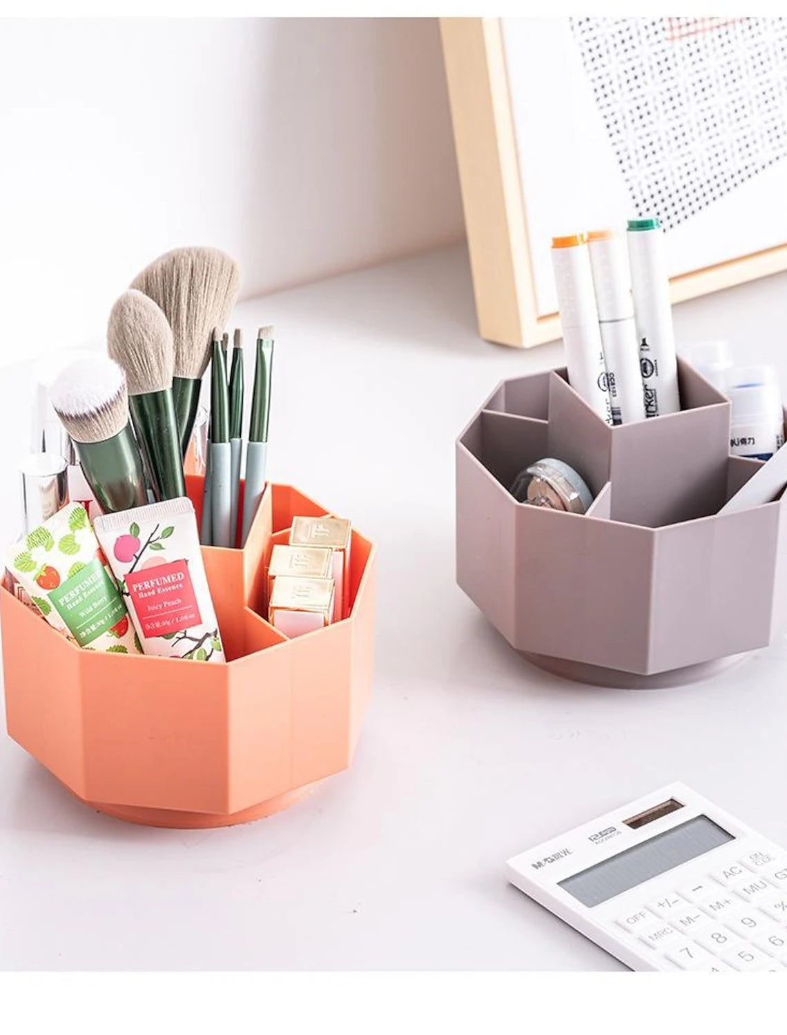 Rotating pen holder on a tidy office desk.