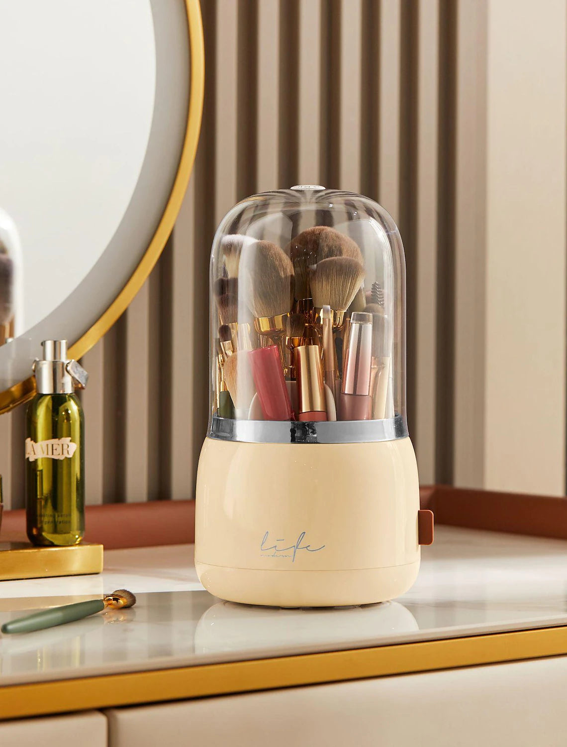 Close-up of the smooth rotating base of the makeup brush organizer.