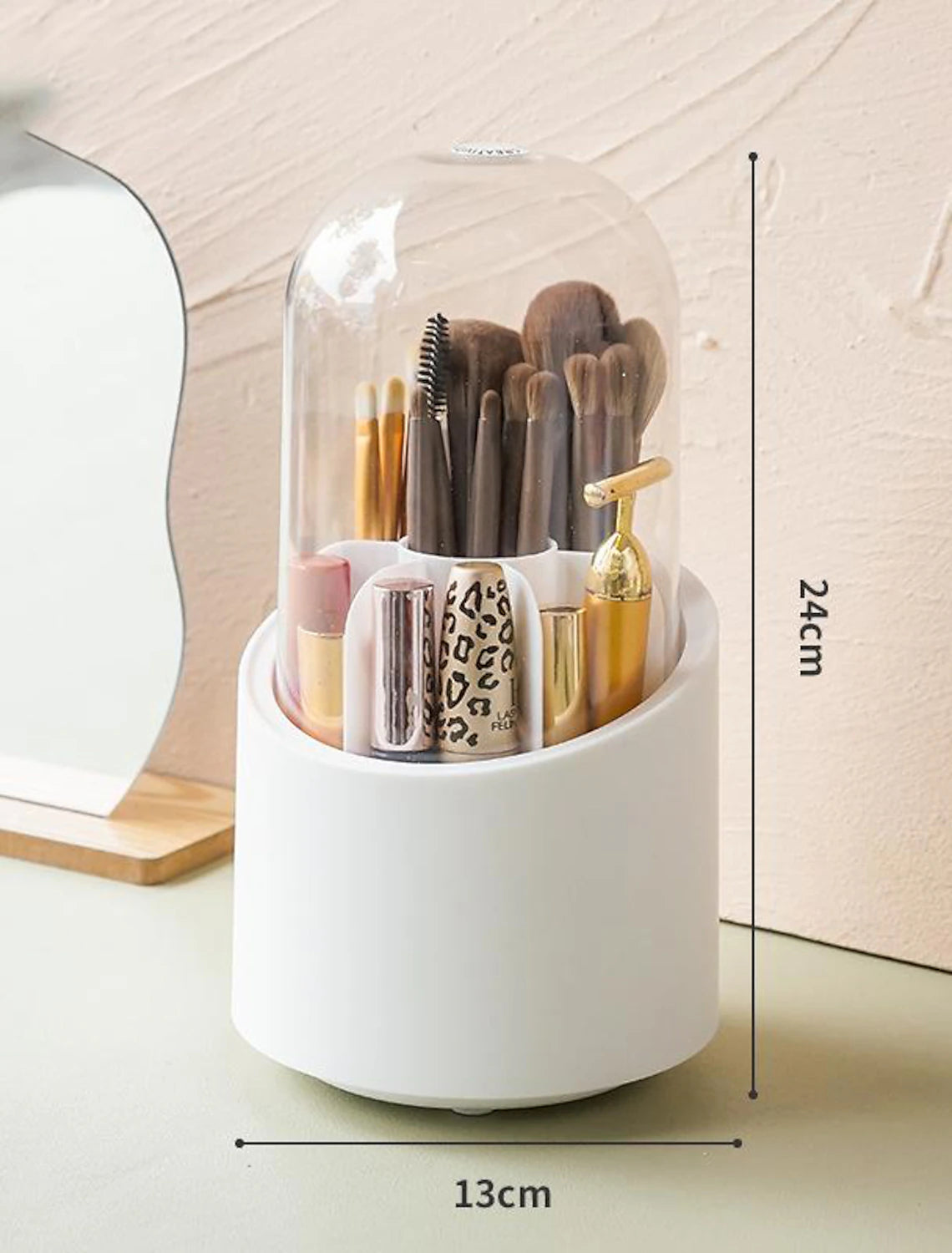 Transparent makeup organizer with brushes and cosmetics inside.