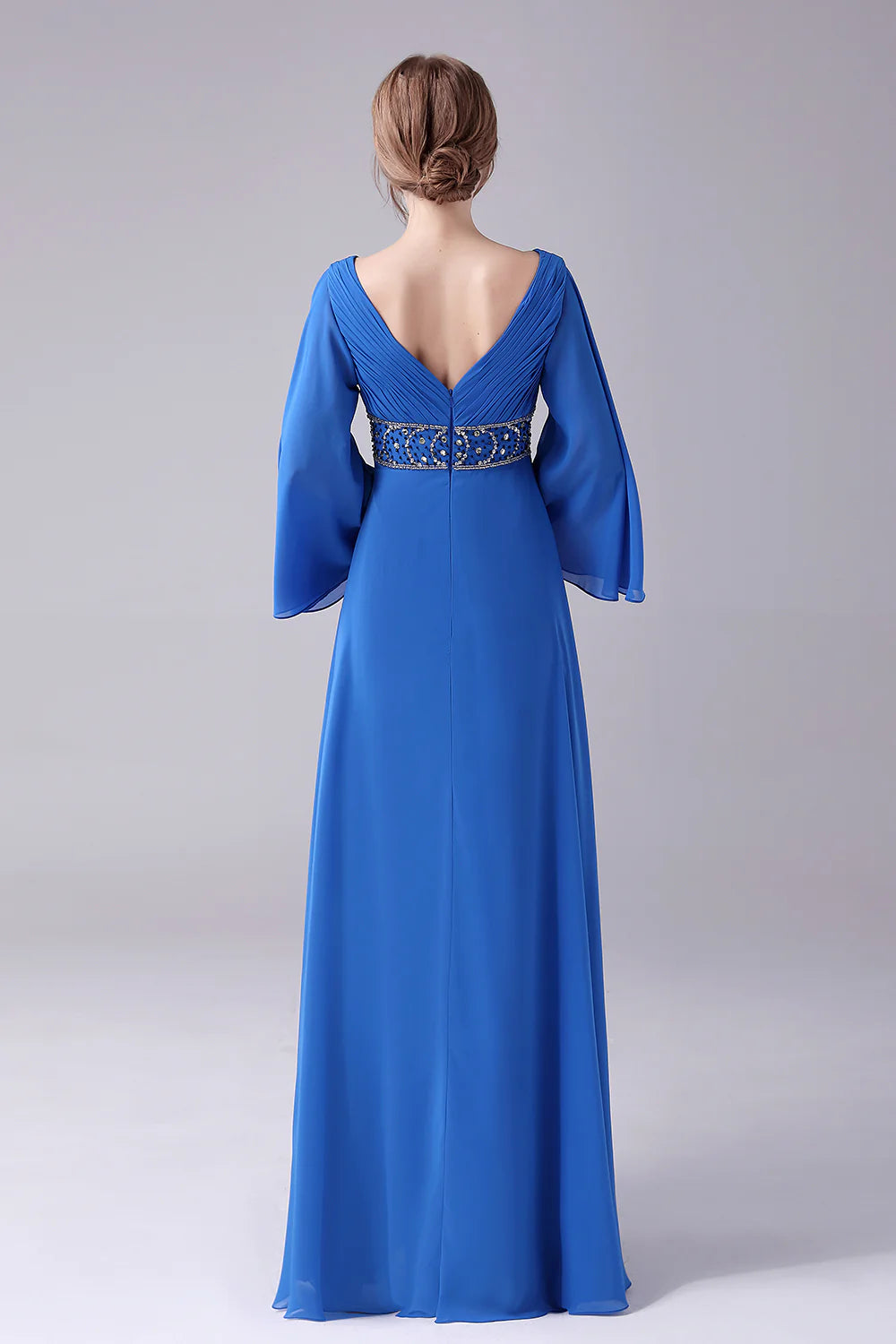 Royal blue pleated Mother of the Bride dress.