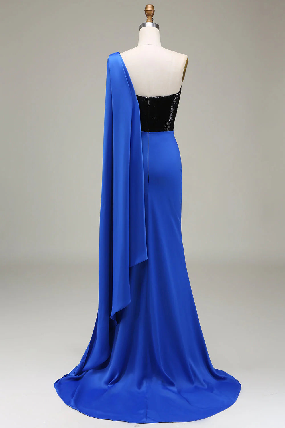Royal blue one-shoulder mermaid dress, showcasing sequin and satin fabric.