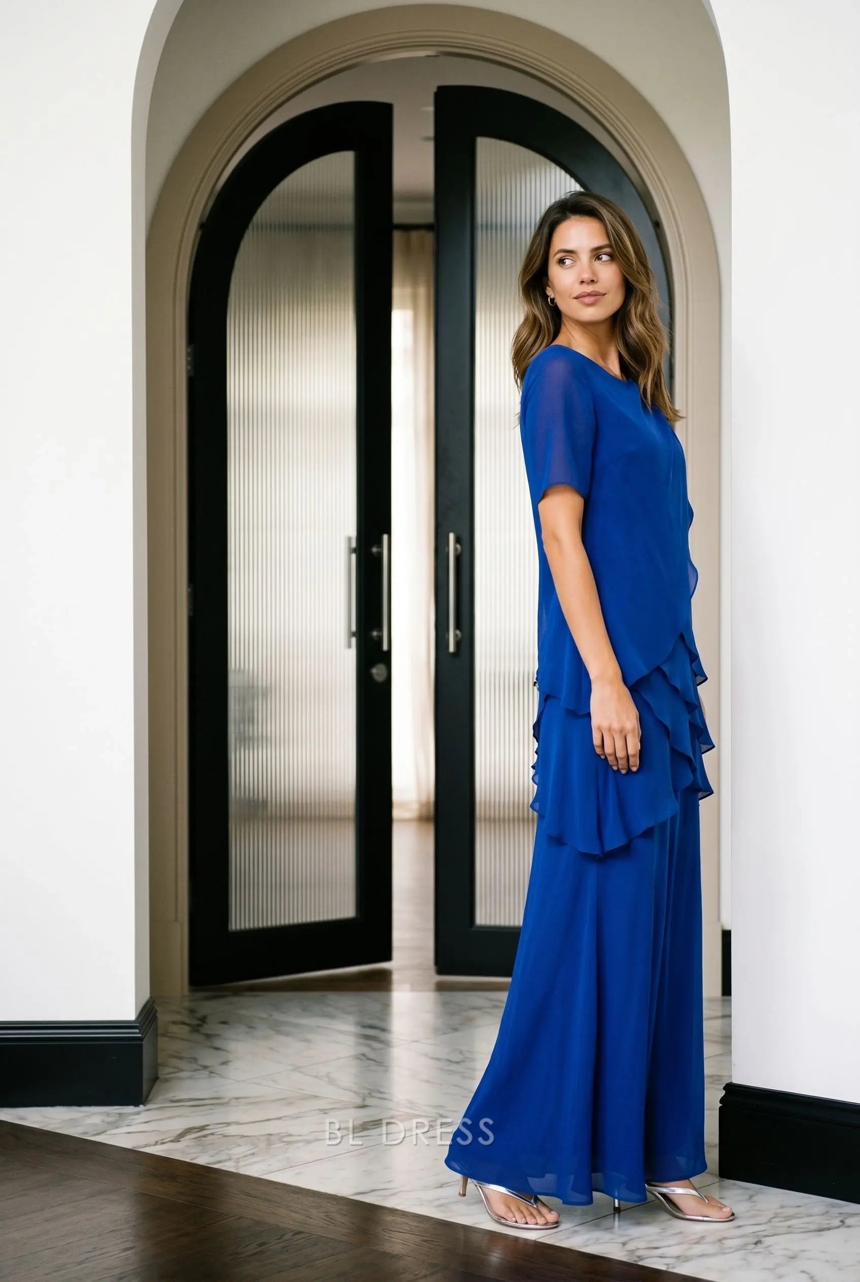 Royal Blue Chiffon Round Neck Short Sleeve Asymmetric Tiered Ruffle A Line Maxi Prom Dress
