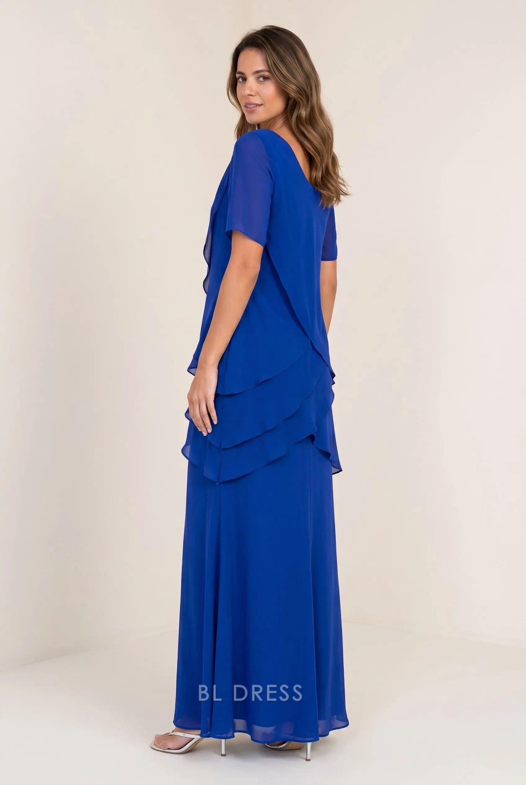 Royal Blue Chiffon Round Neck Short Sleeve Asymmetric Tiered Ruffle A Line Maxi Prom Dress