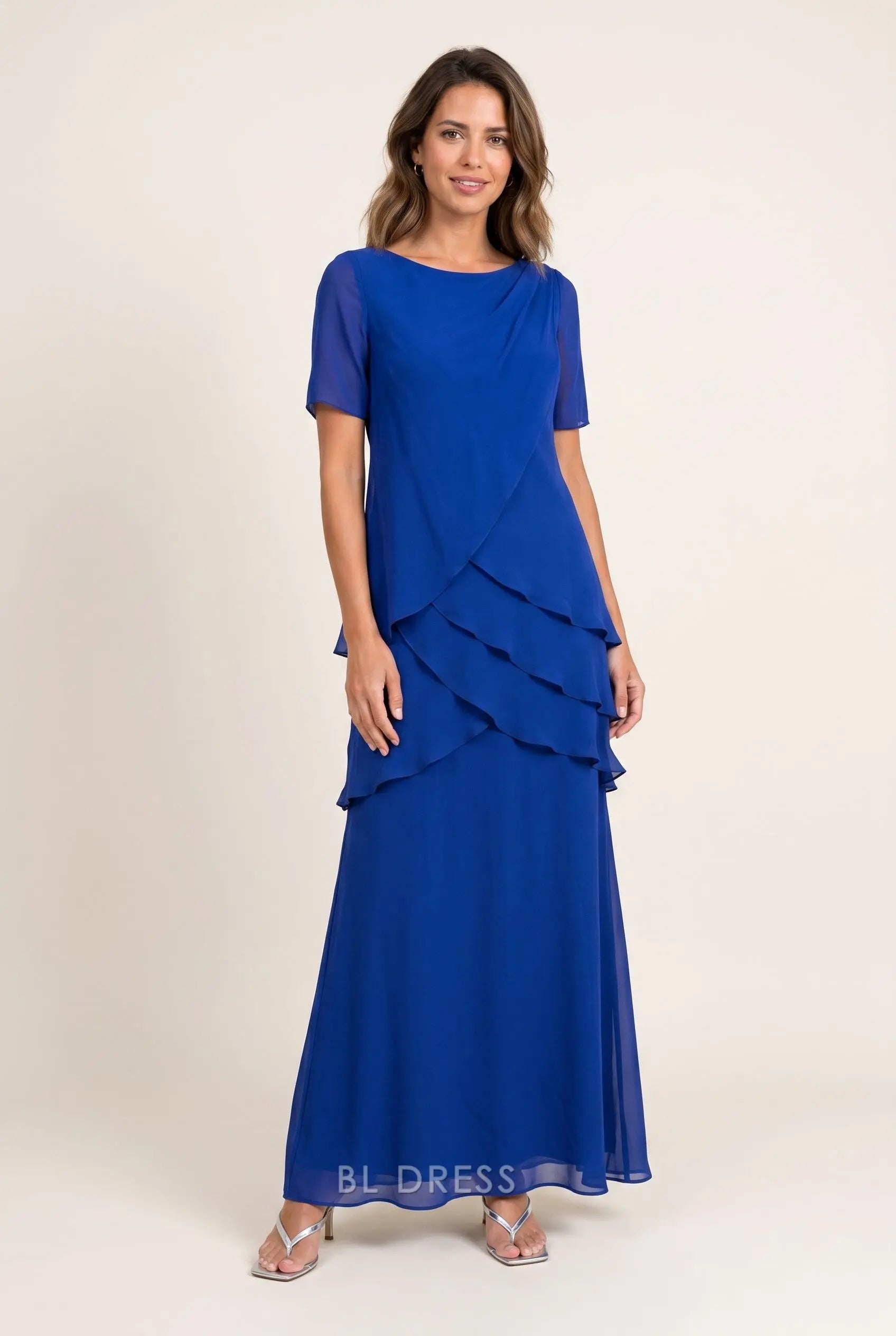 Royal Blue Chiffon Round Neck Short Sleeve Asymmetric Tiered Ruffle A Line Maxi Prom Dress