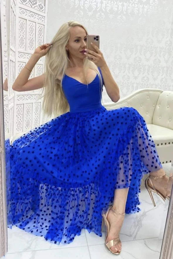 Royal Blue Spaghetti Strap Prom Dress with Polka Dot Tulle Skirt for Formal Events and Prom Nights