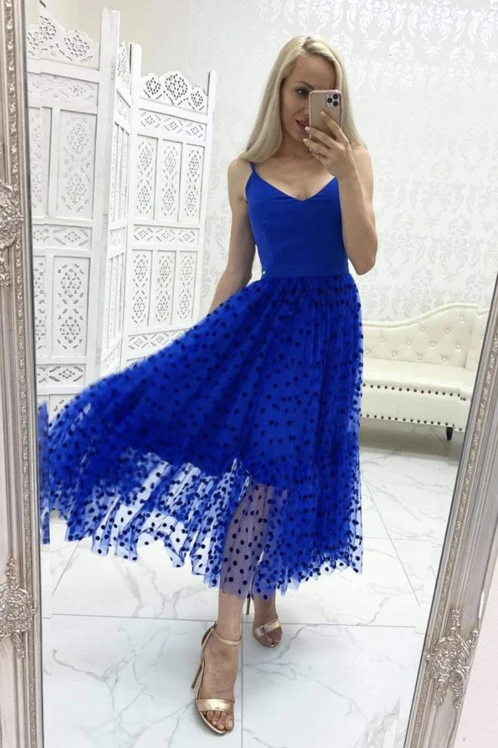 Royal Blue Spaghetti Strap Prom Dress with Polka Dot Tulle Skirt for Formal Events and Prom Nights