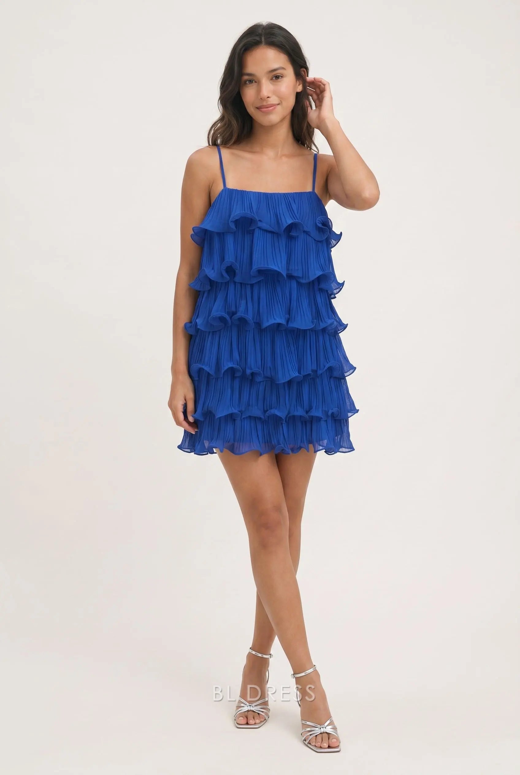 Royal Blue Spaghetti Strap Straight Neck Pleated Tiered Ruffle Layered Open Back Chiffon A Line Mini Homecoming Dress