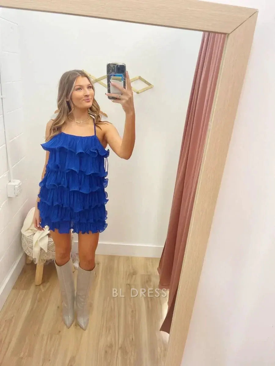 Royal Blue Spaghetti Strap Straight Neck Pleated Tiered Ruffle Layered Open Back Chiffon A Line Mini Homecoming Dress