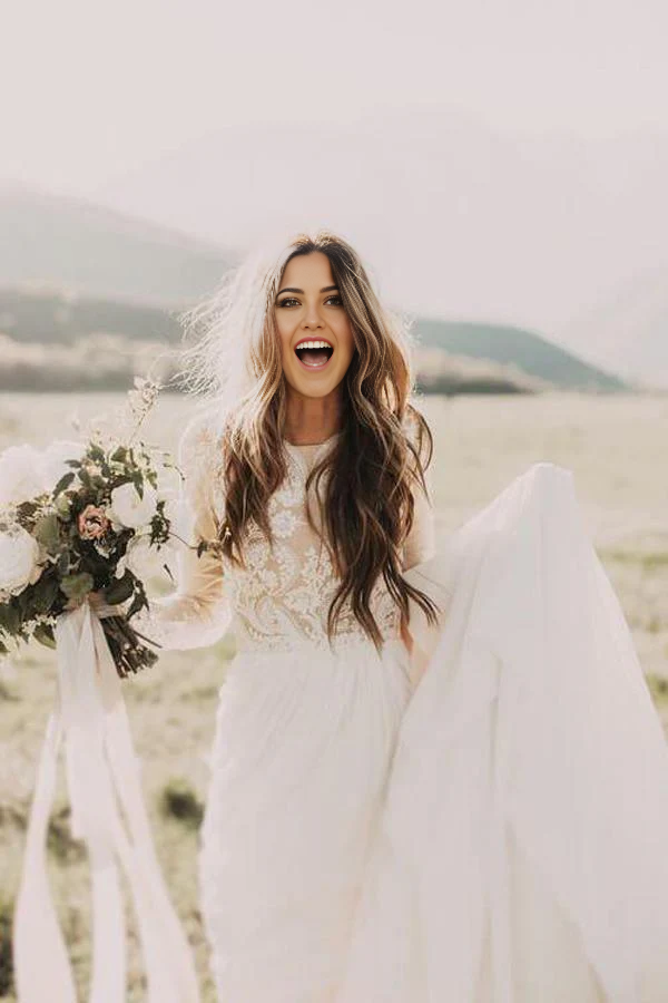 Rustic A-line scoop lace long sleeve wedding dress.