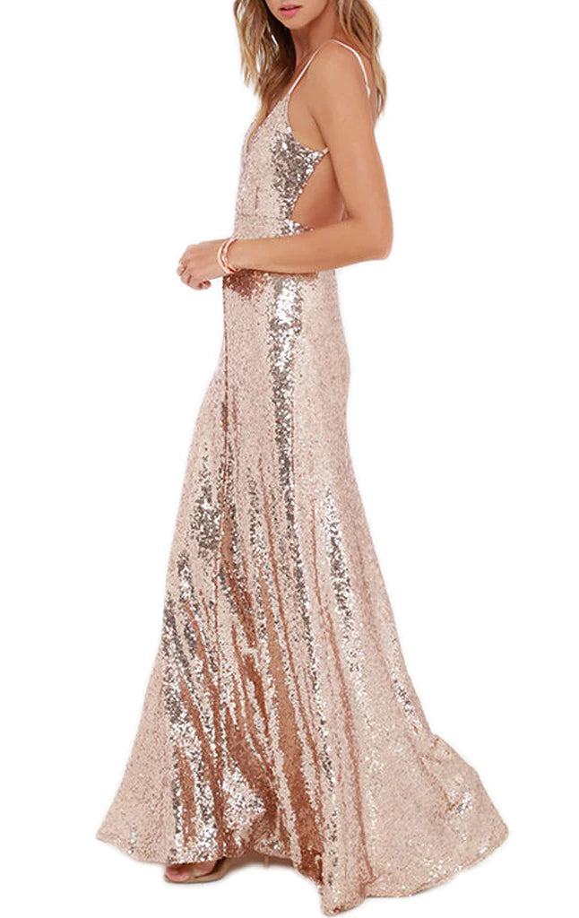 Spaghettiträger V-Ausschnitt Pailletten Abendkleid Brautjungfernkleid