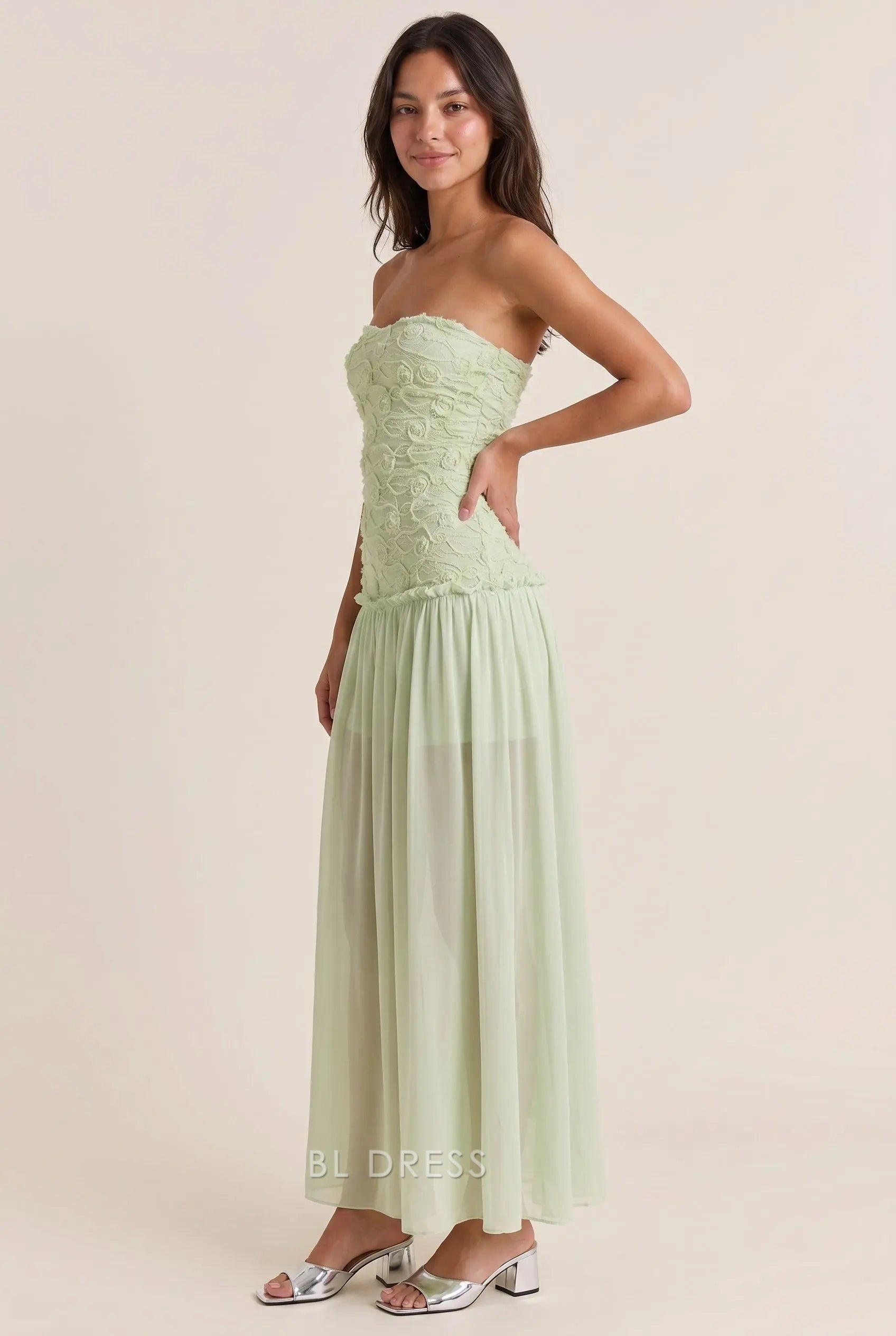 Sage Green Chiffon A Line Strapless 3D Floral Textured Open Back Maxi Formal Evening Prom Dress