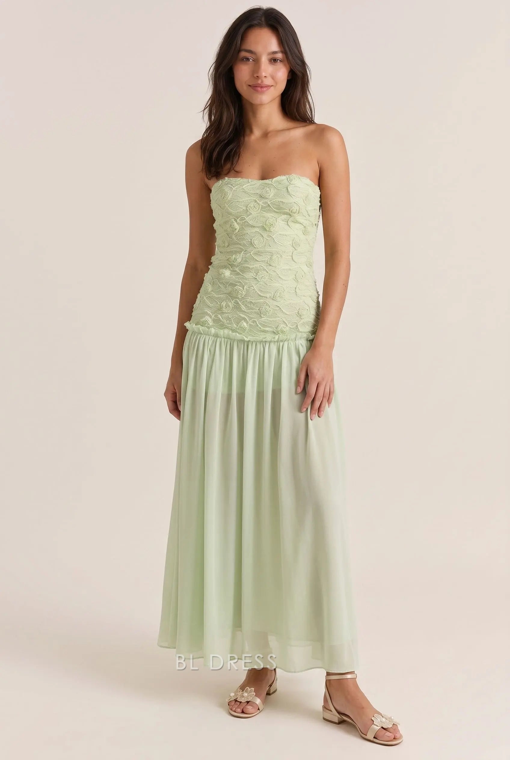 Sage Green Chiffon A Line Strapless 3D Floral Textured Open Back Maxi Formal Evening Prom Dress