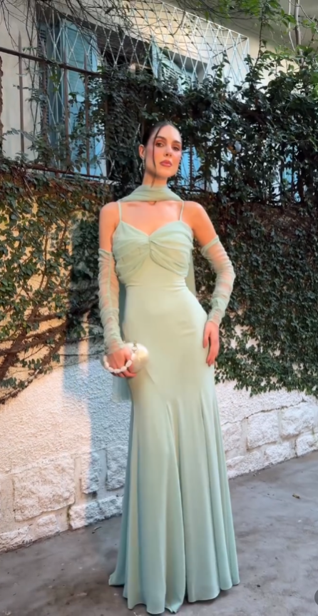 Sage Green Chiffon Maxi Prom Dresses with Thin Spaghetti Straps Deep V Neck Detachable Sheer Scarf Sleeve Mermaid Skirt for Prom and Beach Gala