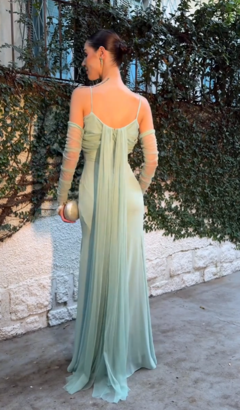 Sage Green Chiffon Maxi Prom Dresses with Thin Spaghetti Straps Deep V Neck Detachable Sheer Scarf Sleeve Mermaid Skirt for Prom and Beach Gala