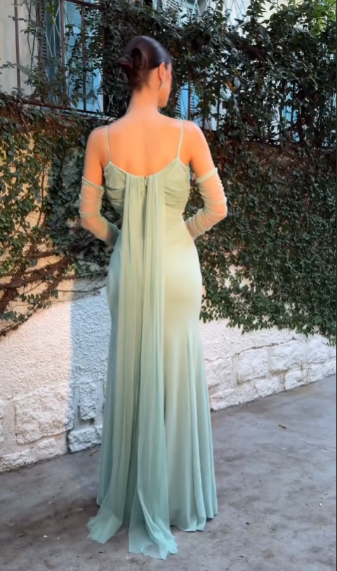 Sage Green Chiffon Maxi Prom Dresses with Thin Spaghetti Straps Deep V Neck Detachable Sheer Scarf Sleeve Mermaid Skirt for Prom and Beach Gala