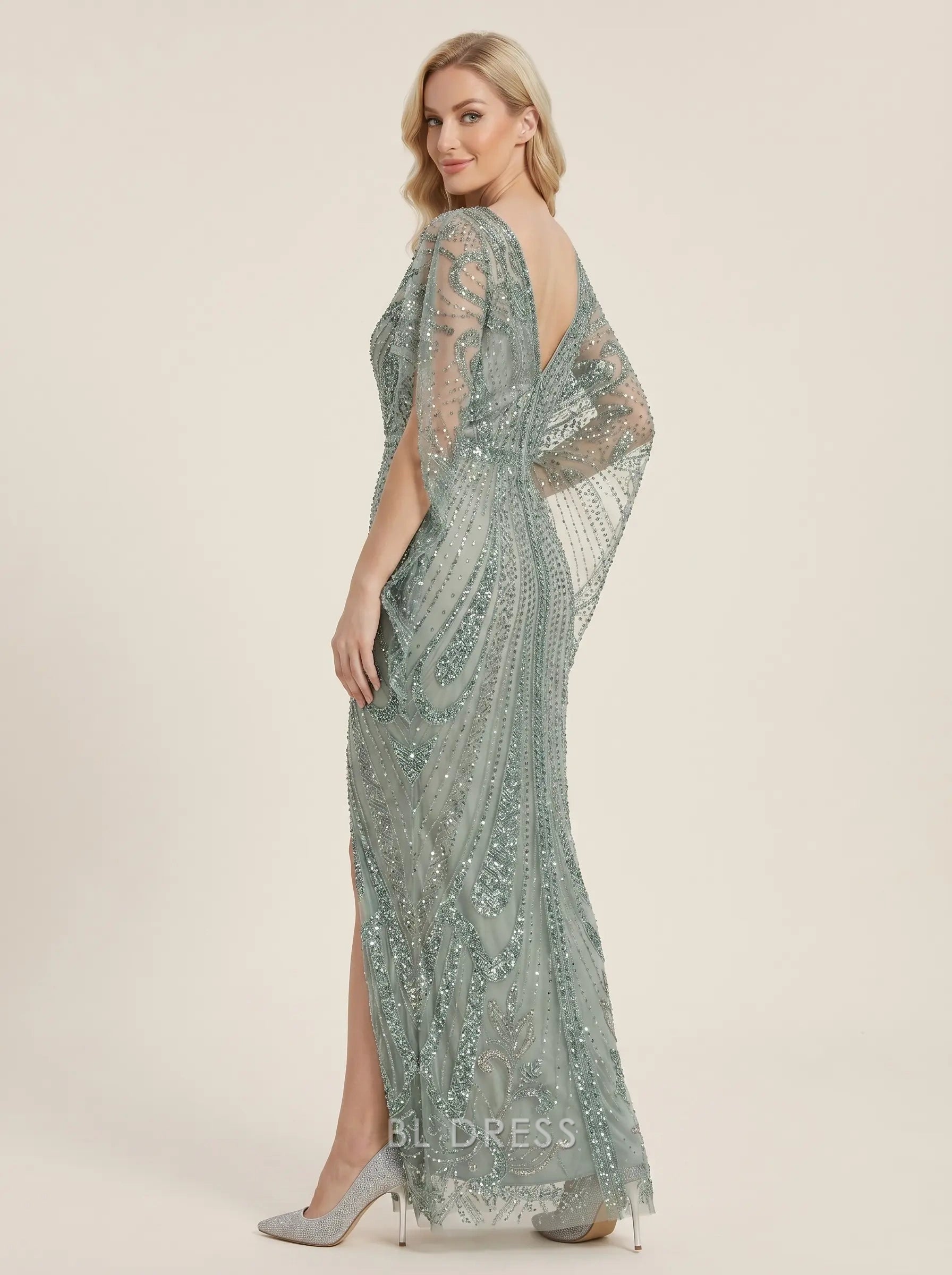 Sage Green Illusion Neckline Dolman Cape Sleeve Beaded Embellished High Slit Tulle Floor Length Formal Evening Prom Dress