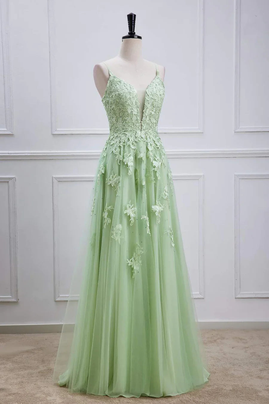 A-line Lace Appliques V Neck Lace Up Long Prom Dresses