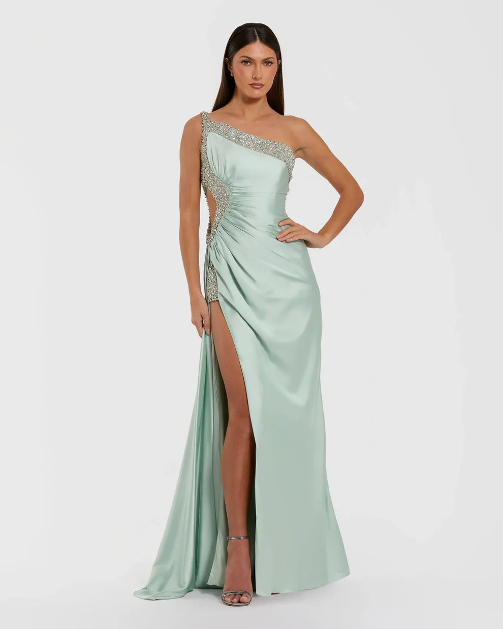 Sage Green Satin One-Shoulder Beaded Cutout Slit Maxi Evening Dress