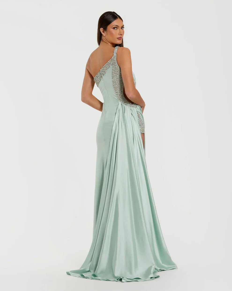 Sage Green Satin One-Shoulder Beaded Cutout Slit Maxi Evening Dress