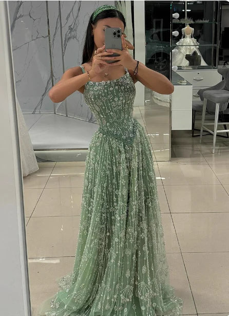 Sage Green Spaghetti Strap Corset Bodice Beaded A-Line Floor Length Prom Dress
