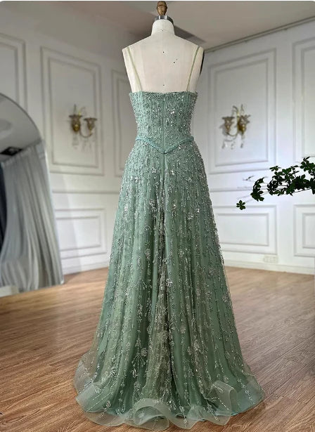 Sage Green Spaghetti Strap Corset Bodice Beaded A-Line Floor Length Prom Dress