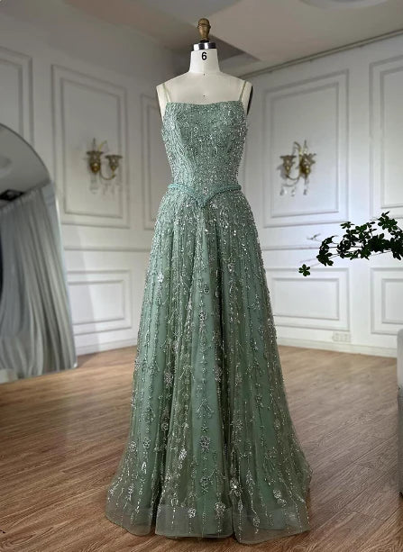 Sage Green Spaghetti Strap Corset Bodice Beaded A-Line Floor Length Prom Dress