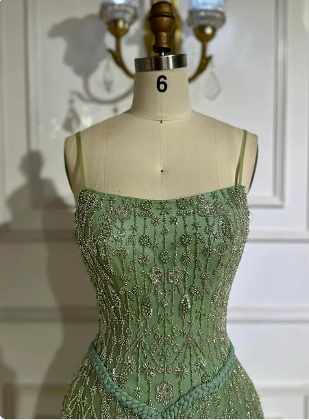 Sage Green Spaghetti Strap Corset Bodice Beaded A-Line Floor Length Prom Dress