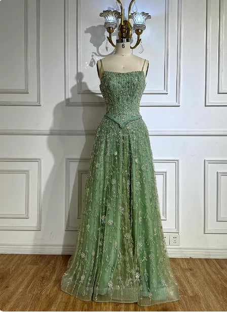 Sage Green Spaghetti Strap Corset Bodice Beaded A-Line Floor Length Prom Dress