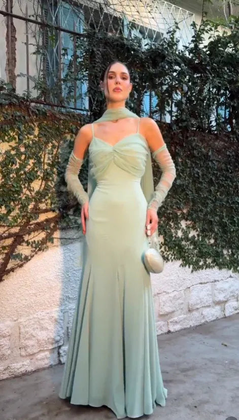 Sage Green Spaghetti Strap Mermaid Prom Dress With Sheer Sleeves Formal Prom Dress