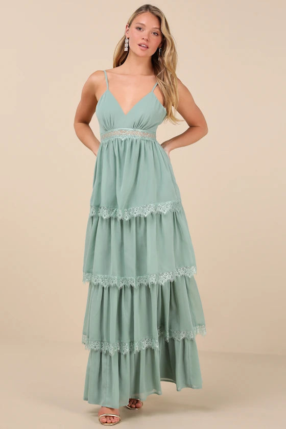Sage Green Spaghetti Strap Prom Dress With V Neck Lace Trim Tiered And Chiffon A Line Formal Prom Dress