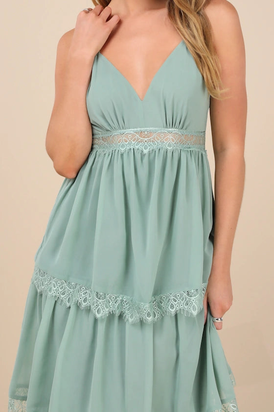 Sage Green Spaghetti Strap Prom Dress With V Neck Lace Trim Tiered And Chiffon A Line Formal Prom Dress