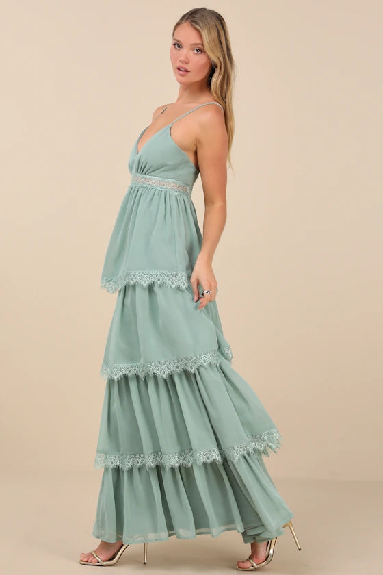 Sage Green Spaghetti Strap Prom Dress With V Neck Lace Trim Tiered And Chiffon A Line Formal Prom Dress