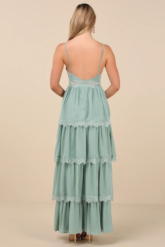 Sage Green Spaghetti Strap Prom Dress With V Neck Lace Trim Tiered And Chiffon A Line Formal Prom Dress