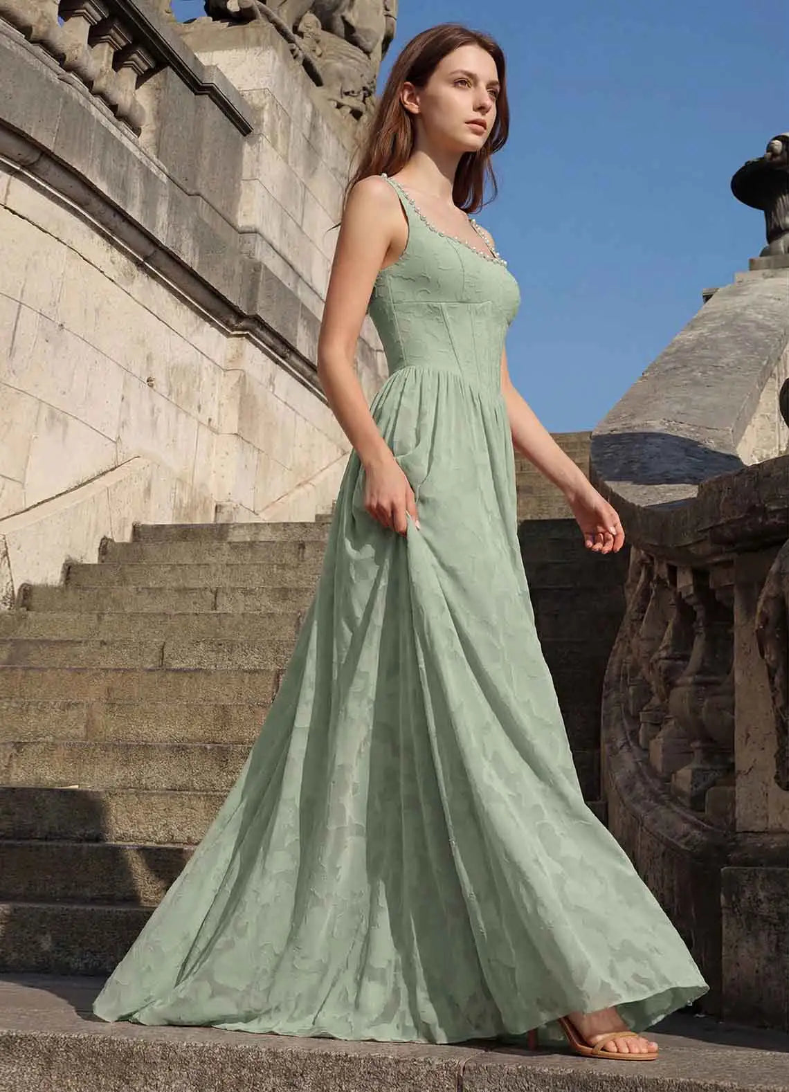 Sage Green Square Neck Prom Dress With Corset Bodice Pearl Trim High Slit And Chiffon A Line Formal Prom Dress