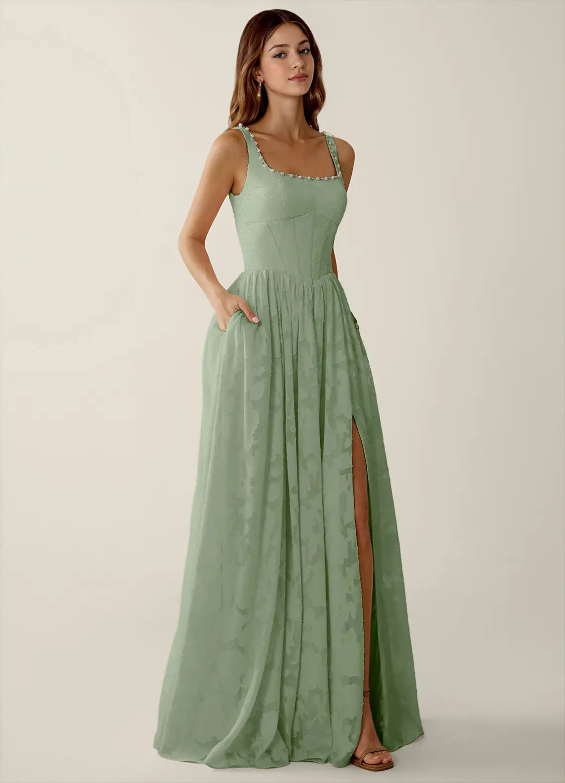 Sage Green Square Neck Prom Dress With Corset Bodice Pearl Trim High Slit And Chiffon A Line Formal Prom Dress