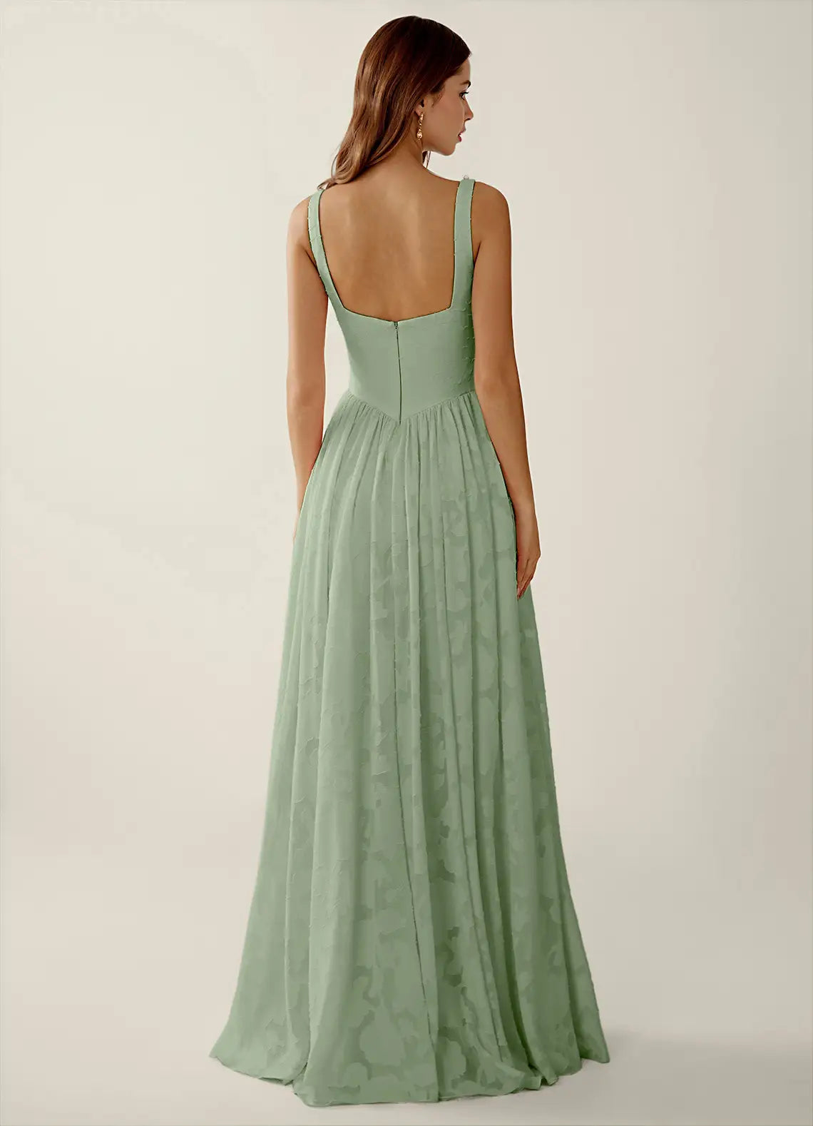 Sage Green Square Neck Prom Dress With Corset Bodice Pearl Trim High Slit And Chiffon A Line Formal Prom Dress