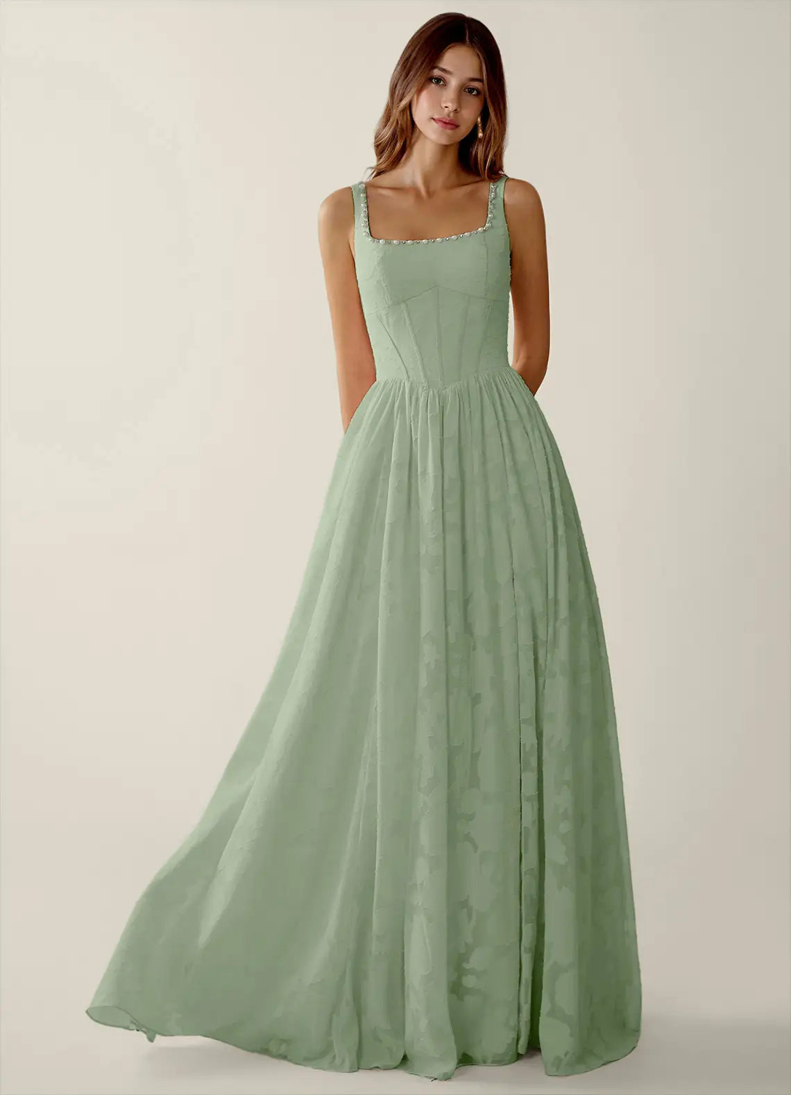 Sage Green Square Neck Prom Dress With Corset Bodice Pearl Trim High Slit And Chiffon A Line Formal Prom Dress