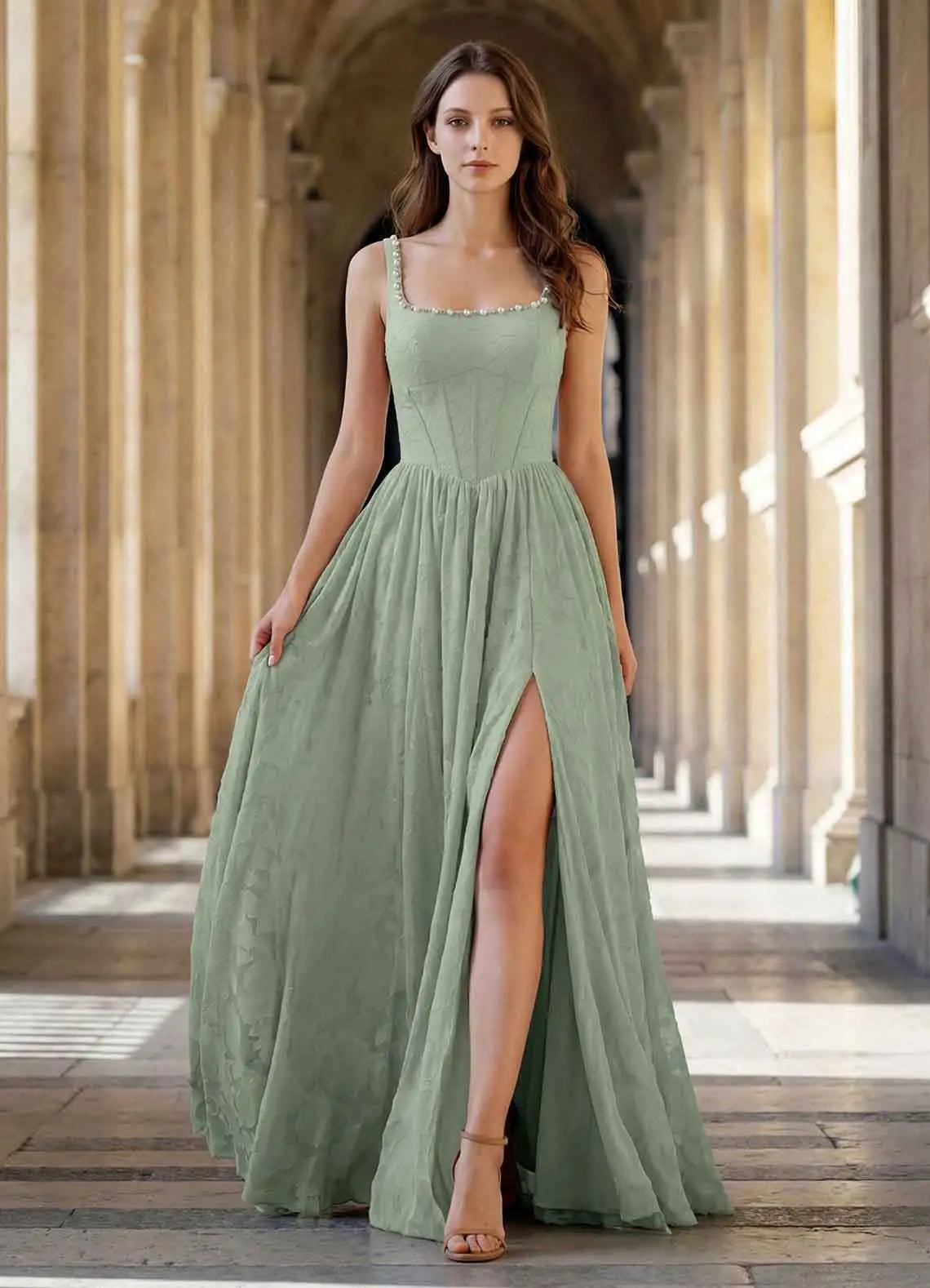 Sage Green Square Neck Prom Dress With Corset Bodice Pearl Trim High Slit And Chiffon A Line Formal Prom Dress