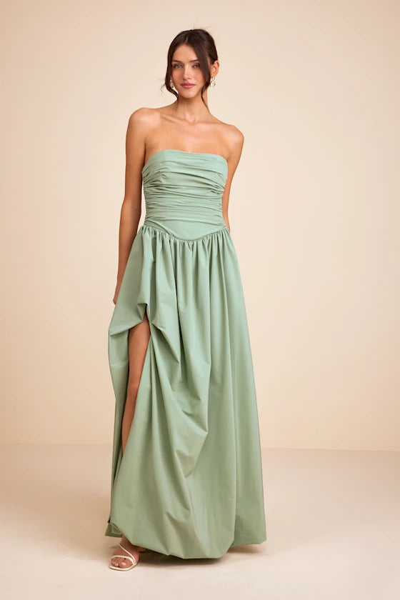 Sage Green Strapless Prom Dress With Ruched Bodice Lace Up Back High Slit And Voluminous A Line Formal Prom Dress