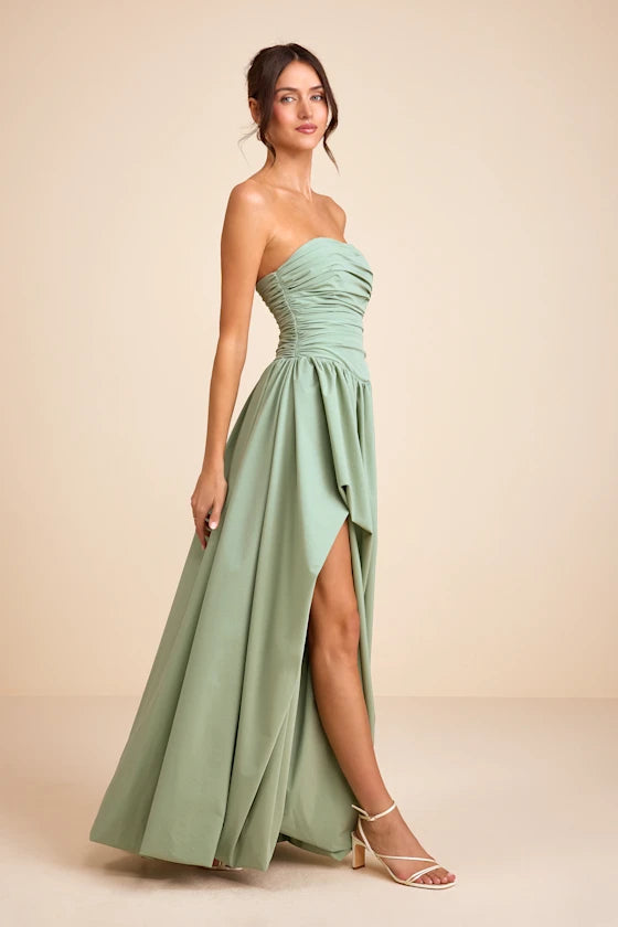 Sage Green Strapless Prom Dress With Ruched Bodice Lace Up Back High Slit And Voluminous A Line Formal Prom Dress