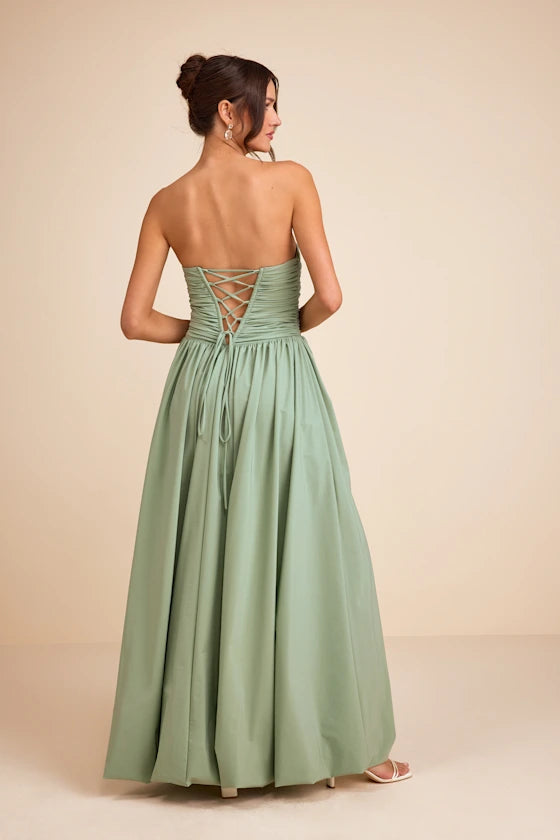 Sage Green Strapless Prom Dress With Ruched Bodice Lace Up Back High Slit And Voluminous A Line Formal Prom Dress