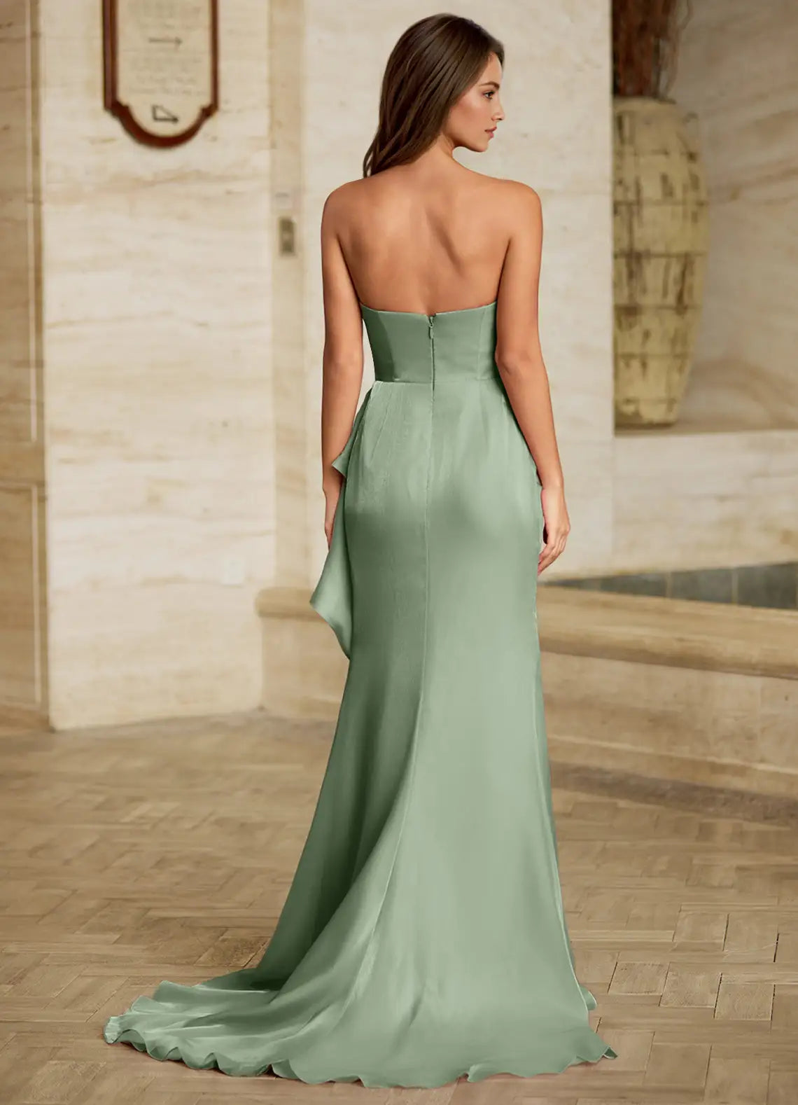 Sage Green Strapless Prom Dress With Ruched Bodice Ruffle Detail High Slit And Satin Mermaid Formal Prom Dress
