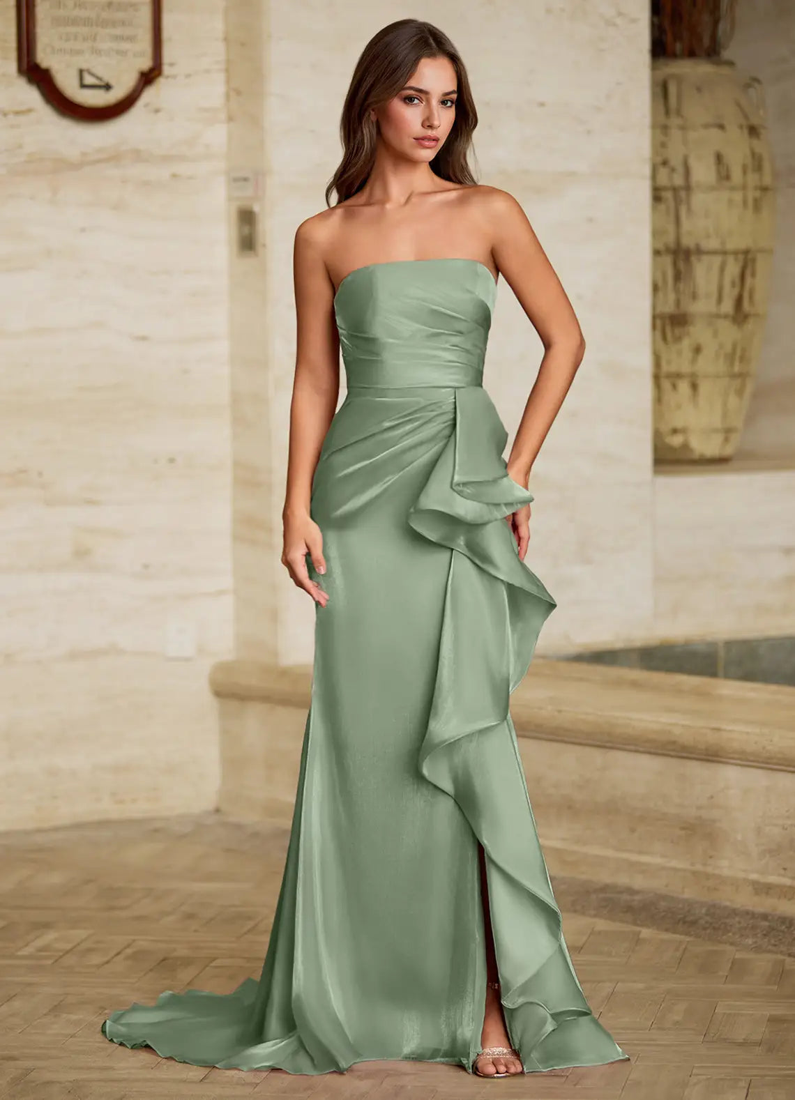 Sage Green Strapless Prom Dress With Ruched Bodice Ruffle Detail High Slit And Satin Mermaid Formal Prom Dress