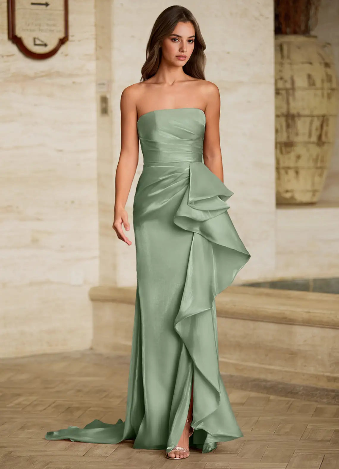 Sage Green Strapless Prom Dress With Ruched Bodice Ruffle Detail High Slit And Satin Mermaid Formal Prom Dress