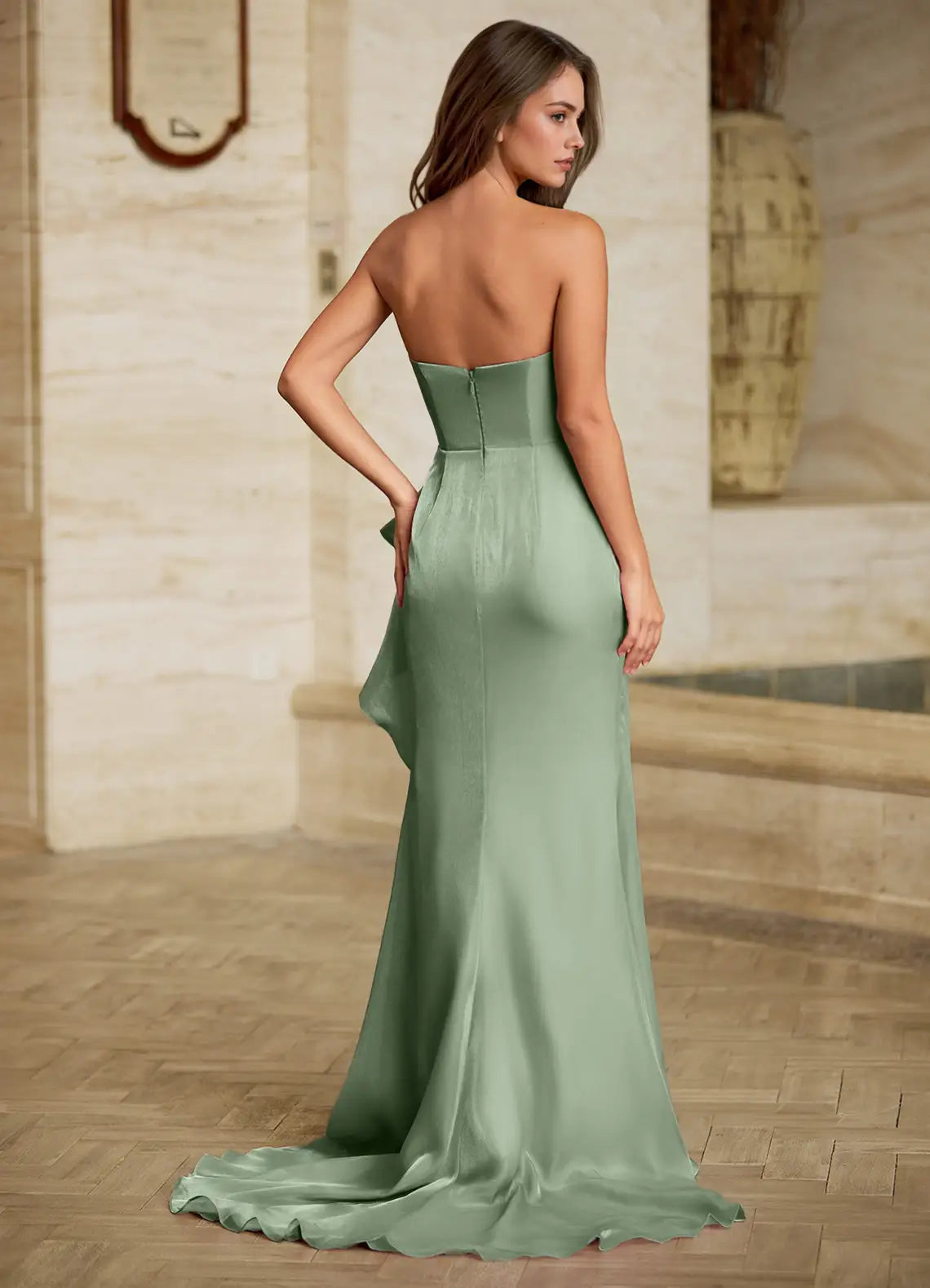 Sage Green Strapless Prom Dress With Ruched Bodice Ruffle Detail High Slit And Satin Mermaid Formal Prom Dress