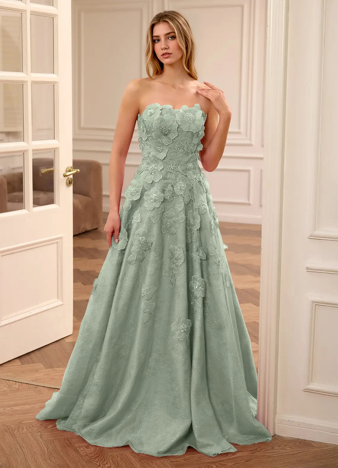 Sage Green Strapless Prom Dress With Sweetheart Neck Lace Up Back 3D Floral Applique High Slit And Tulle A Line Formal Prom Dress
