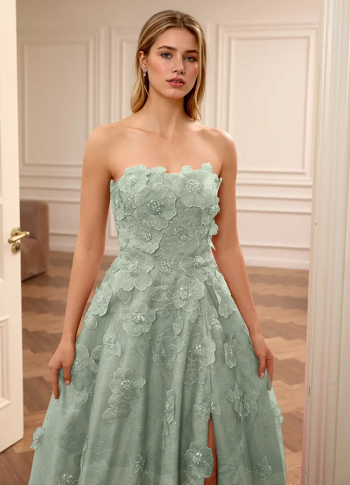Sage Green Strapless Prom Dress With Sweetheart Neck Lace Up Back 3D Floral Applique High Slit And Tulle A Line Formal Prom Dress