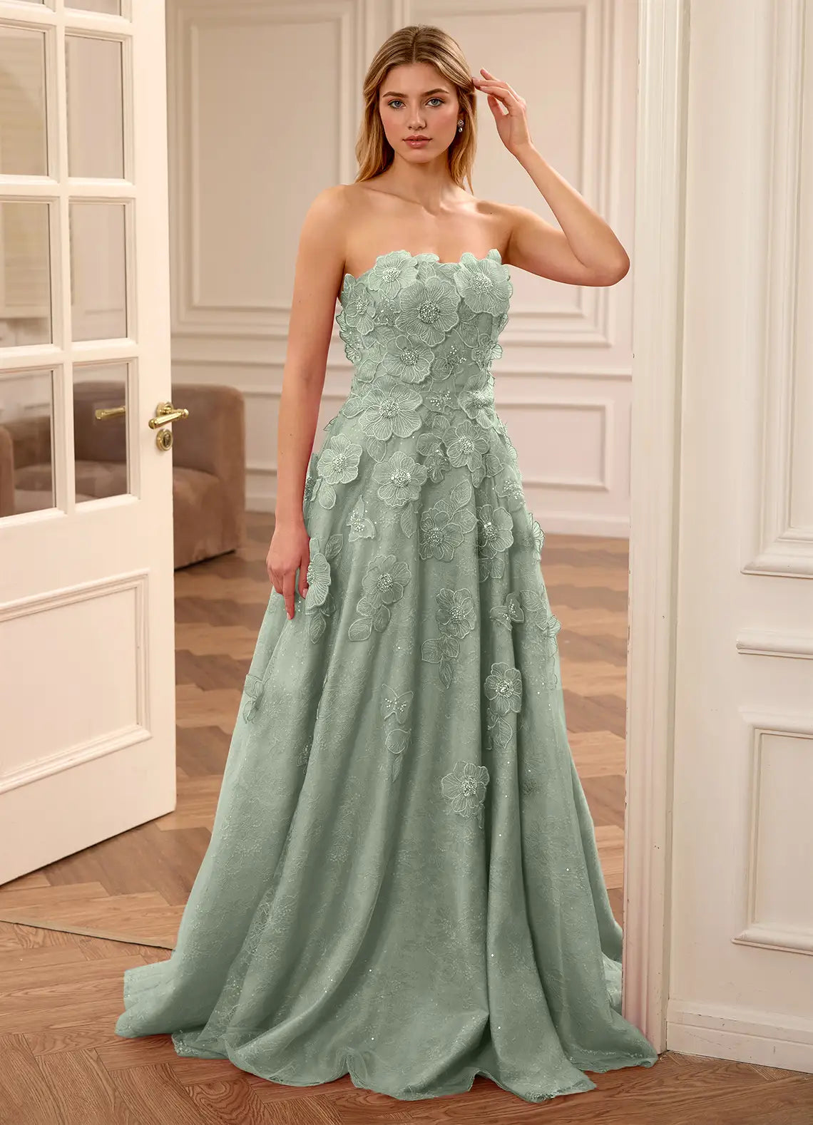 Sage Green Strapless Prom Dress With Sweetheart Neck Lace Up Back 3D Floral Applique High Slit And Tulle A Line Formal Prom Dress