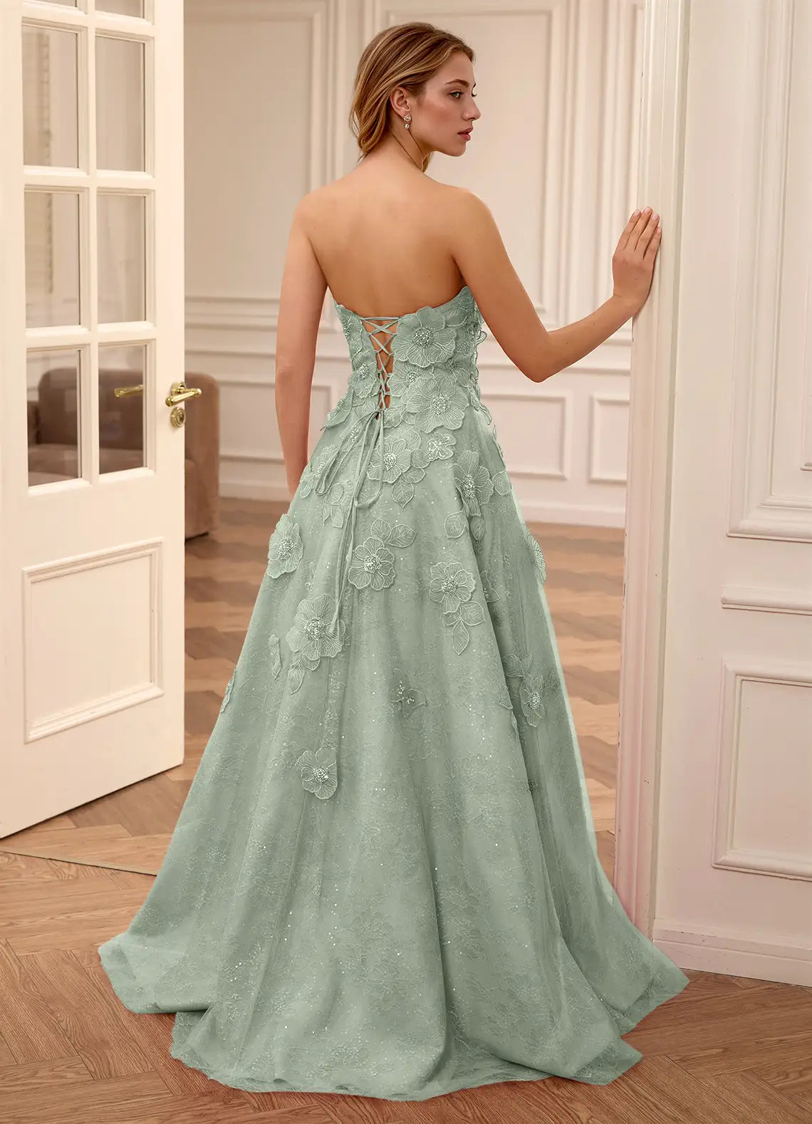 Sage Green Strapless Prom Dress With Sweetheart Neck Lace Up Back 3D Floral Applique High Slit And Tulle A Line Formal Prom Dress